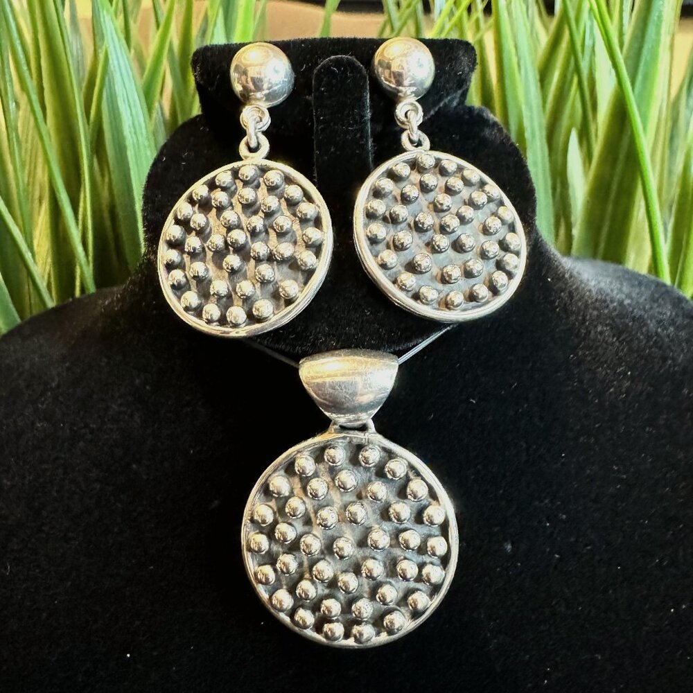 Striking 950 Oxidized Sterling Silver Pendant and Earrings